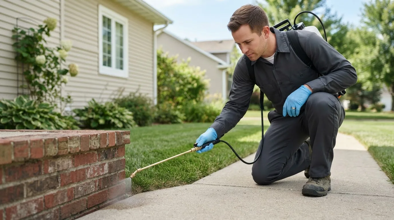 Pest control technician treating a home near Pomona, IL
