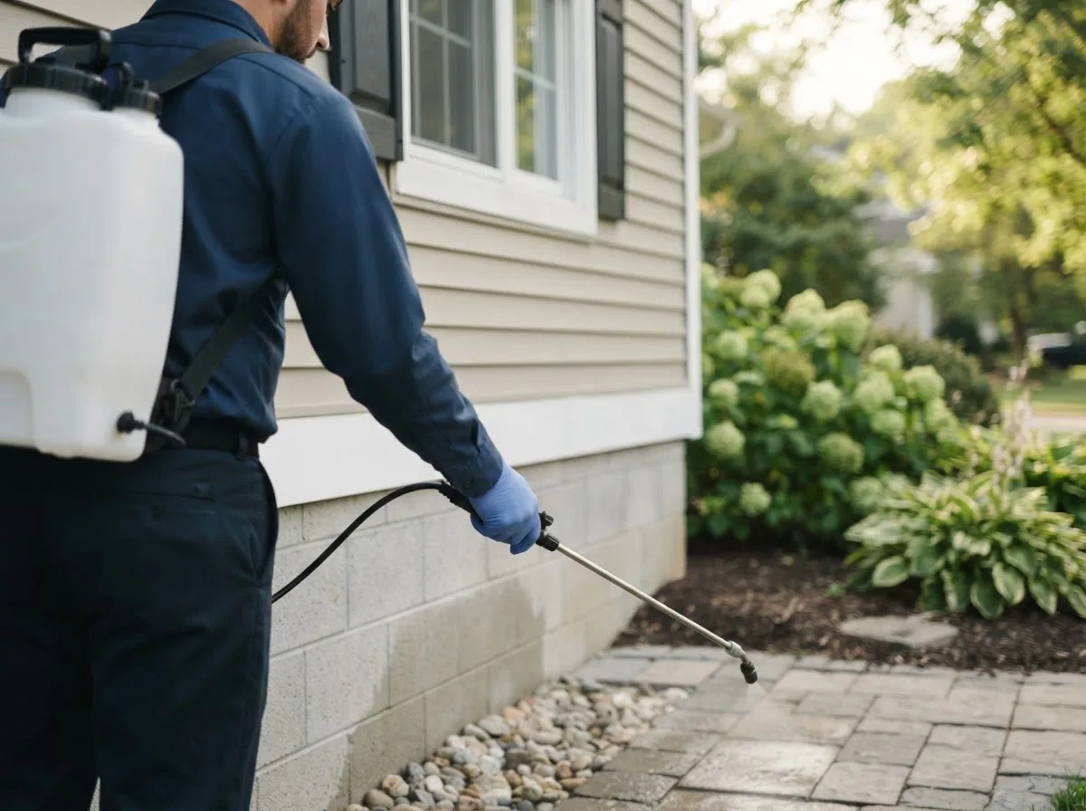 Pest control technician inspecting a home in Pomona, IL